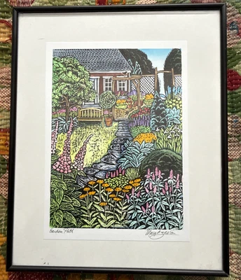 Impresión de arte popular Mary Azarian “Garden Path” enmarcada escena de jardín rural Foto 1 de 4