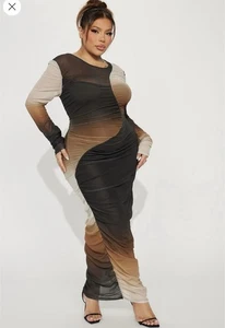 Fashion Nova Langarm Mesh Ombre Maxi Bodycon Kleid - Braun Schwarz Beige 2XL - Bild 1 von 2