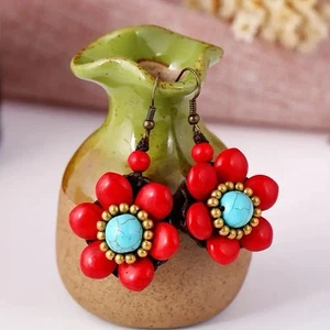 Free People Flower Earrings Turquoise Natural Stone Petal Cluster Bead Boho - Picture 1 of 4