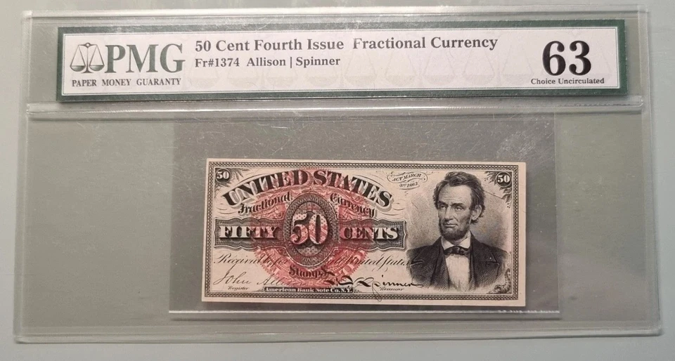 50 Cents Fractional Currency 4th Issue Abraham Lincoln PMG Uncirculated 63 96352 - Image 1 of 2