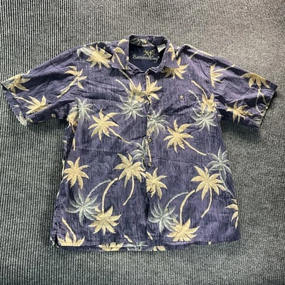 竹制 Cay 衬衫男式中号紫色棕榈树夏威夷纽扣热带营地 — 第 1/4 张图片