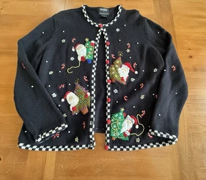 Papá Noel Cárdigan Suéter Negro Vacaciones Navidad Mujer PL Botón Festivo - Imagen 1 de 10