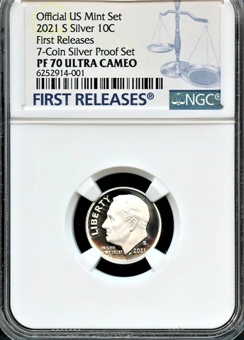 2021 S Silver.99.9 Roosevelt Dime FR From 7-Coin Silver Set NGC PF70 UC (Blue Cover