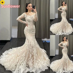 Elegante Meerjungfrau Brautkleider O-Ausschnitt Langarm Spitze Applikation Brautkleider - Bild 1 von 7
