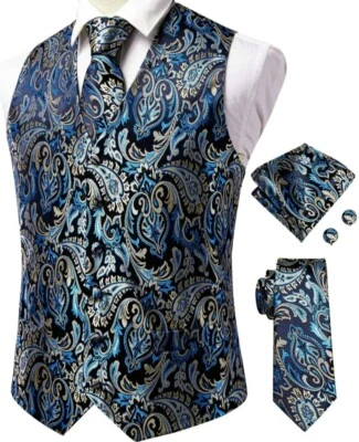 Men's NEW 3XL 46-48 Paisley Blue Black Formal Wear Vest Tie Hanky Cufflinks Set - Image 1 of 4