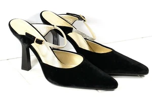 VGUC Escada Women's Size 7.5M Rhinestone Ankle Strap Black Suede Slide Heels - Picture 1 of 12