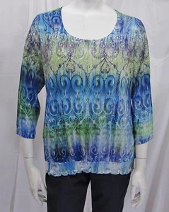 Chico's sz 1 (M) 3/4 Sleeve Round Neck Blues & Greens Knit Top/ Tee w/ Bling - Picture 1 of 10