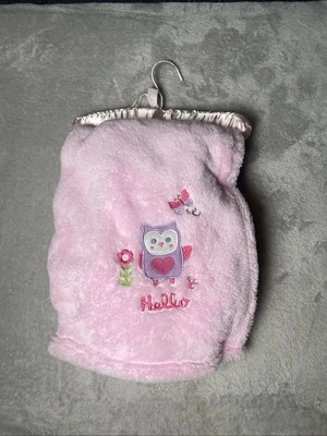 RN# 119741 Pink Baby Blanket Owl Hello Flower Butterfly Plush Fleece Soft Lovey - Image 1 of 3