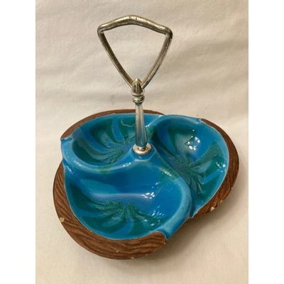 Vintage Divided Candy Dish Serving Tray Wood Look Ceramic Teal Blue MCM 618 USA - Image 1 of 4