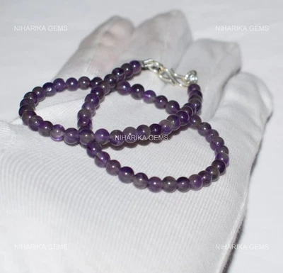 Round Smooth Amethyst Stone Wife Christmas Beaded Necklace 925 Sterling Silver - Image 1 of 4