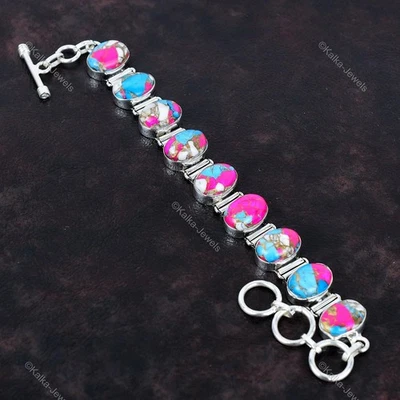 Браслет регулируемый браслет из стерлингового серебра 925 пробы с бирюзой и драгоценными камнями хлопок конфеты - Изображение 1 из 4