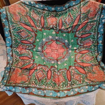 Vintage Green, Blue, And Pink Geometric Psychedelic Paisley Patterned Scarf - Image 1 of 4