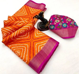 Sari de seda de algodón con telar manual premium de diseñador único con blusa para ropa de boda - Imagen 1 de 13