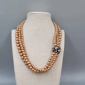 Faux Pearl Rhinestone Necklace Tan Champagne Triple Strand 18" - Picture 1 of 6