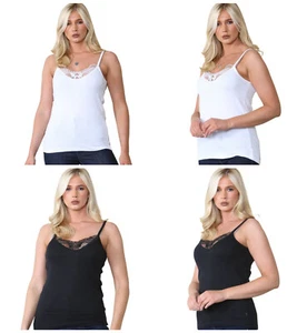 Pack of 2 Ladies 100% Cotton Summer Vest Tops  Lace Trim Neck Cami Camisole Tank - Picture 1 of 6