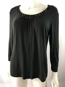 Womens CHICOS Knit blouse Top 3/4 Sleeve Sz 1 (M/10) Black Gems neckline (A208) - Picture 1 of 5