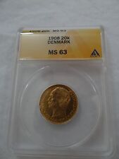 1908 Denmark Gold 20K ANACS MS63 20 Kroner Danish Coin VBP MS 63 Frederik RARE