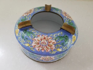 Chinese Canton Hand Painted Floral Metal Ashtray 2 Part Removable Lid 5" Round - Picture 1 of 7