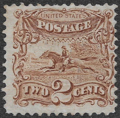 MMK Philately: US Stamps Scott #113 Unused Regummed 2c Brown Post Rider SCV $190 - Image 1 of 2