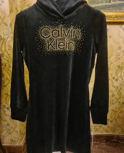 CALVIN KLEIN Sweatshirt Dress Women's Long Sleeve Hoodie Black Gold Medium - Picture 1 of 4