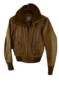 Oasis Womans Short Brown Leather Collared Bomber Jacket Size 8 - Picture 1 of 8