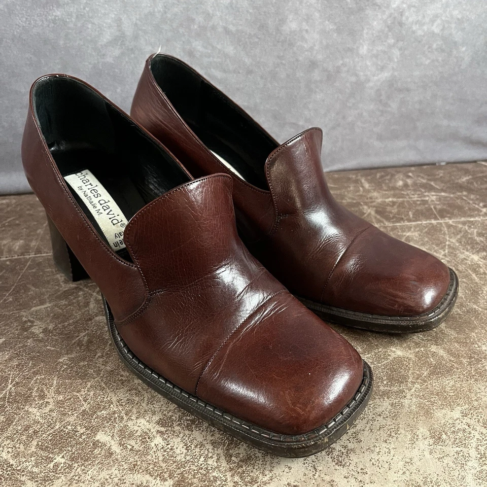 Vintage CHARLES DAVID Brown Leather Block Heels Shoes Womens 37 Made In Italy - Image 1 of 4