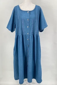 Vintage 90s Kathy White Dress 1X Blue Denim Chambray Embroidered Maxi Cottage - Picture 1 of 17