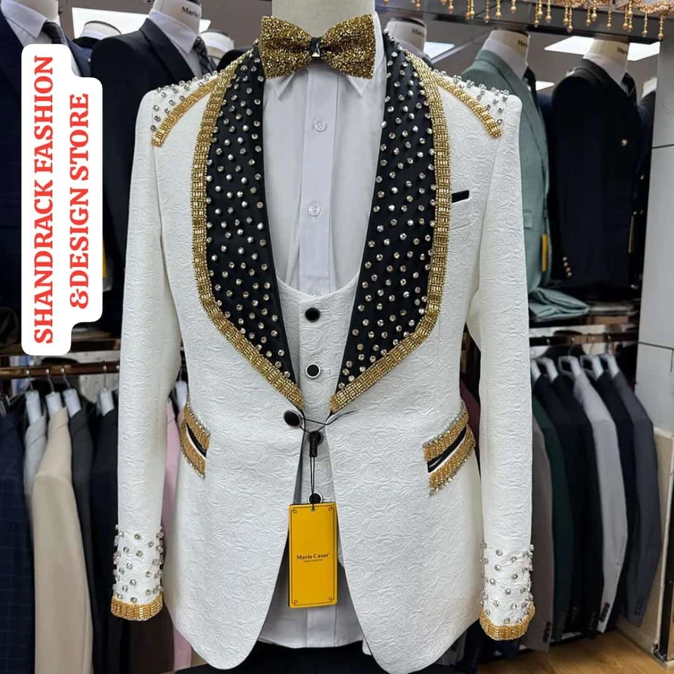 3 Pierces Men's White Gold Suit For Wedding , Size 50L, - Image 1 of 1