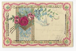 Greetings Roses & Dove Postcard Gold Gilt Glitter Embossed c1909 - Picture 1 of 2