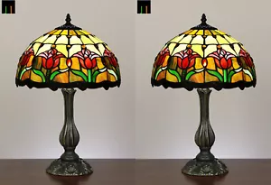 Pair of 2 JT Tiffany Stained Glass Tulip Style Bedside Table Lamps - Picture 1 of 9