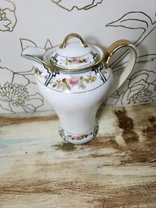 Antique Nippon Chocolate Pot Porcelain 8" Pink Rose Floral Gold and Blue Trim - Picture 1 of 12