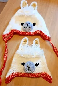 LLAMA EARFLAP HAT; Cream; HAND KNIT TO ORDER ALL SIZES; Quick Delivery from £7 - Picture 1 of 11