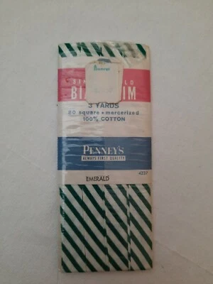 Vintage Penney's Cotton Color Emerald Striped Single Fold Bias Trim 3 Yards NIP - Image 1 of 4