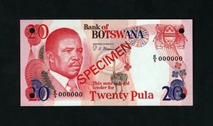 F.C. BOTSWANA , SPECIMEN , 20 PULA 1982 , S/C- (AUNC) , 2 PICOS DOBLADOS ,P.10s2 - Imagen 1 de 2