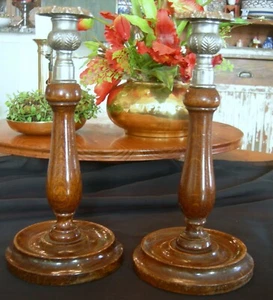 Antique Pair: ENGLISH OAK CANDLE STICKS - Picture 1 of 7