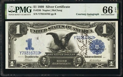 Courtesy Autographed Fr. 230 $1 1899 Silver Certificate PMG Gem Unc 66 EPQ! - Image 1 of 2