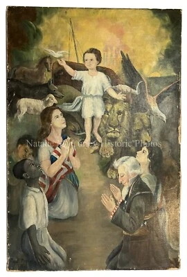 1920s Peaceable Kingdom Americana NYC Suffragette Art Show Oil Painting - Image 1 of 4