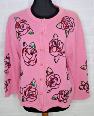 Cardigã feminino Jack B floral rápido tamanho pequeno grande lantejoulas rosa malha vintage - Imagem 1 de 4