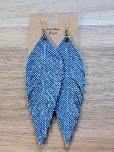 Handmade GENUINE Leather Feather Earrings Denim 4" - Picture 1 of 1