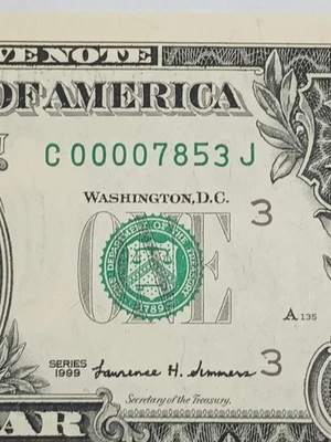 1999 $1 CPHILADELPHIA BEP C-J BLOCK LOW SERIAL NUMBER 4 ZEROS UNC (C00007853J) - Image 1 of 4