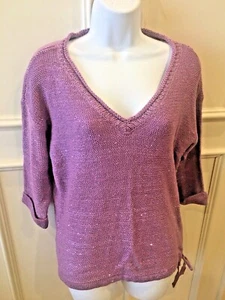 Maglione jeans DKNY piccolo viola paillettes scollo a V manica 3/4 coulisse vita nuovo con etichette - Foto 1 di 11