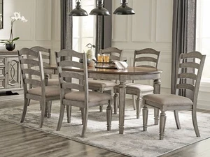 ON SALE Cottage Rustic Gray & Brown Round Oval Dining Table & 6 Chairs Set IC10 - Picture 1 of 7