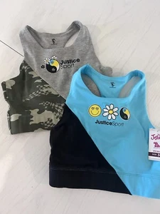 NWT Justice 2 Pair Sports Bra Sz 30 Gray Teal Smiley Face Ying Yang Soft Stretch - Picture 1 of 5