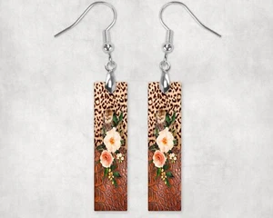 Leopard and Leather Print Rose Western Dangle Wood Bar Printed Earrings Jewelry - Picture 1 of 3