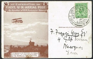 1911 Windsor First Aerial Postcard First Day to Newquay Die 2 KGV 1/2d - Picture 1 of 2