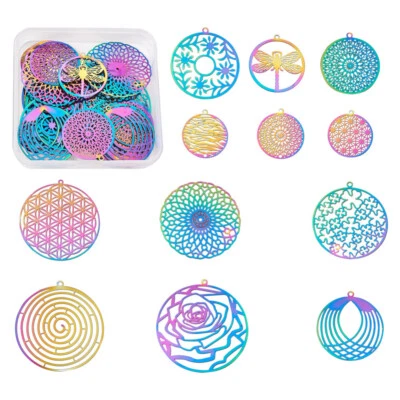 48pcs 12 Shape Rainbow 201 Stainless Steel Filigree Pendants Charms 21.5~46.5mm - Изображение 1 из 4