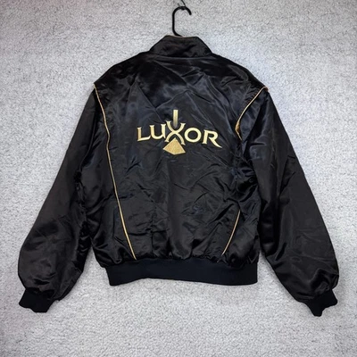 Винтажная атласная куртка-бомбер Luxor мужская большая черная сделано в США с вышивкой Лас-Вегас - Изображение 1 из 4