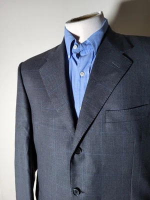 CANALI Blue On Charcoal Windowpane CANVAS Check Wool Tweed Jacket Blazer 52R 42R - Image 1 of 4