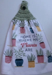 GREEN Crochet Top HOME IS WHERE MY PLANTS ARE  Print Cotton Kitchen Towel - Picture 1 of 2