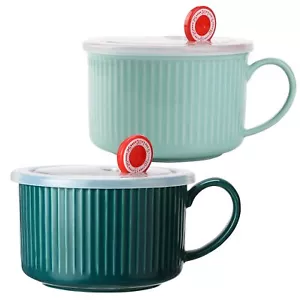 2 Pcs Soup Mugs with Handles and Lids 30oz Ceramic Soup Bowls with Handles Mi... - Picture 1 of 7